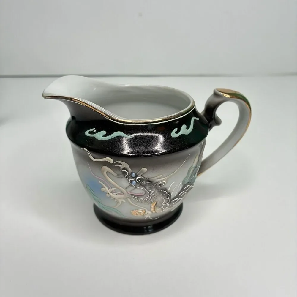 Dragonware Japan Moriage Lithophane Black Gray Blue Tea Pot Creamer Sugar Set